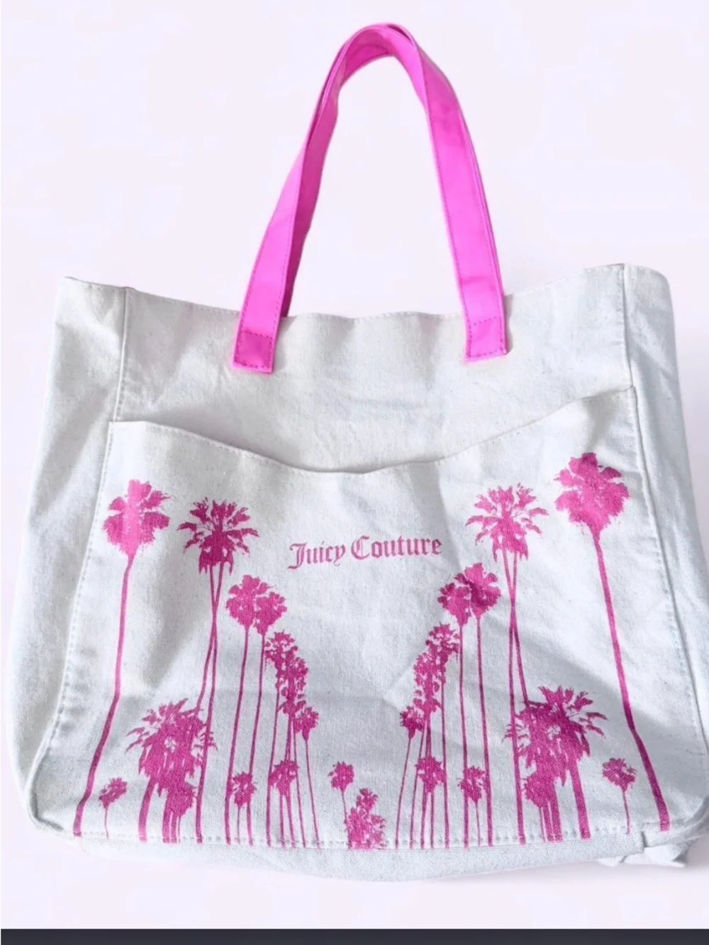 Juicy Couture White Canvas Tote with Hot Pink Palm Tree Graphic and Pink Handles